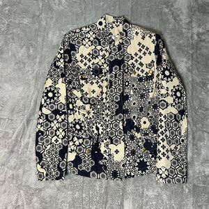 Silk Land  Blazer Jacket Floral Geometric Blue Beige Zip‎ Women's Small Vintage